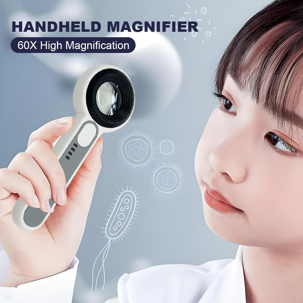 60X Handheld Magnifier with LED Light Illuminated Magnifying Glass Lightweight Luminous Magnifier for Reading Newspaper Jewelry