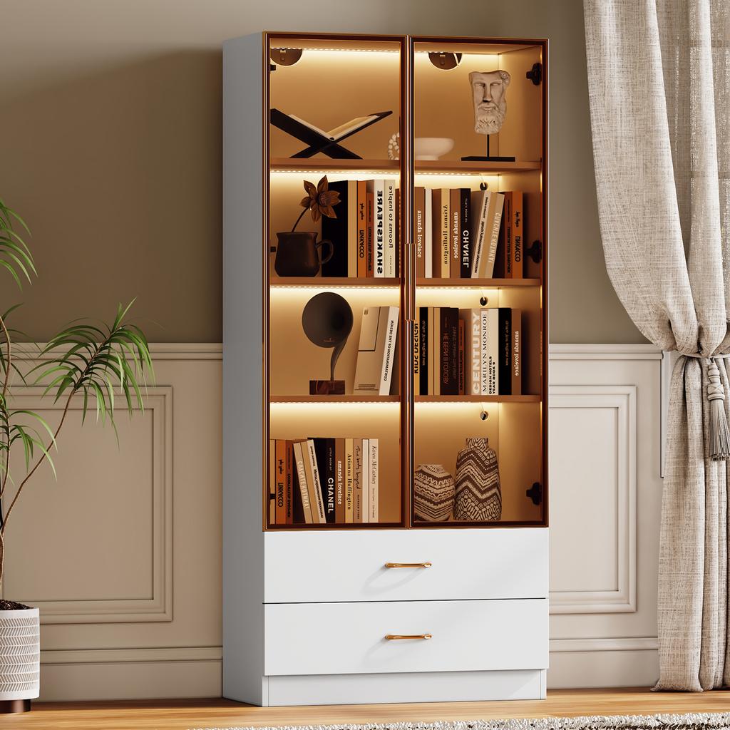 Bathroom Cabinet, Medium, with Light Strip, 75 cm Wide, with 2 Large Drawers and 2 Doors, Glass Door