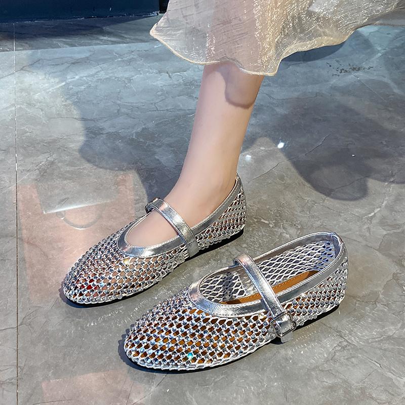 Women Sandals Mesh Breathable Rhinestone Fashion Versatile Sandals Women New Foreign Style Flat Soft Soled Mary Jane Shoes Women