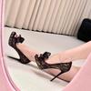Fashion Black Lace Double Bow Peep Toe High Heels Women Sexy Round Toe Platform Stiletto Heel Slip On Party Dress Wedding Shoes