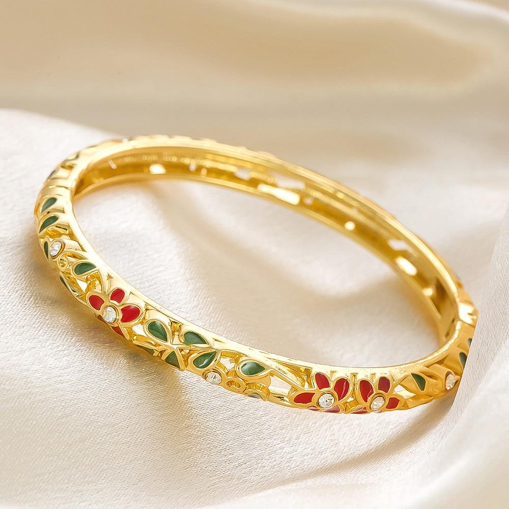 New Colorful Enamel Floral Bangle Chinese Style Handmade Open Cuff Bracelet Gold Plated Elegant Diamond Bangle Women