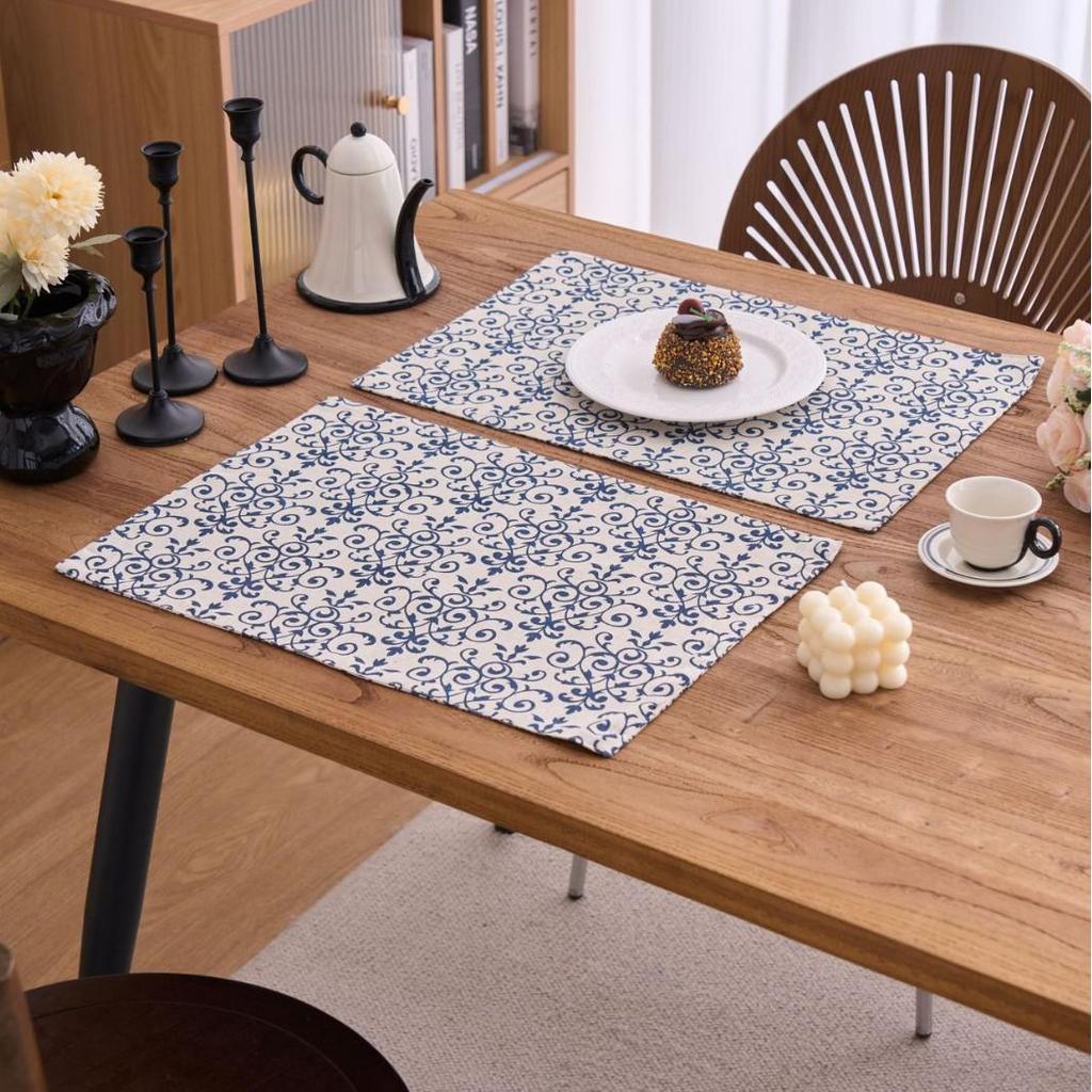 English Newspaper Plaid Porcelain Placemat: Blue & White, Heat-Resistant, Thickened Cotton & Linen