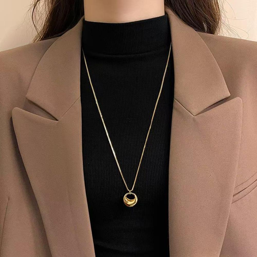 Minimalist Gold Color Stainless Steel Circular Droplet Shape Pendant Necklace for Women Non-fading Long Sweater Chain Jewelry
