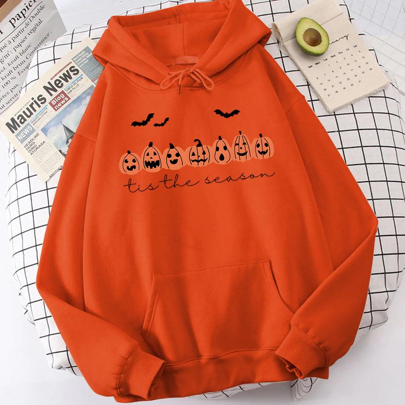 Happy Halloween Pumpkins Tis The Beason Hoodies Casual Long Sleeves Hooded Sweatshirts Cool Halloween Women Pullover Tops