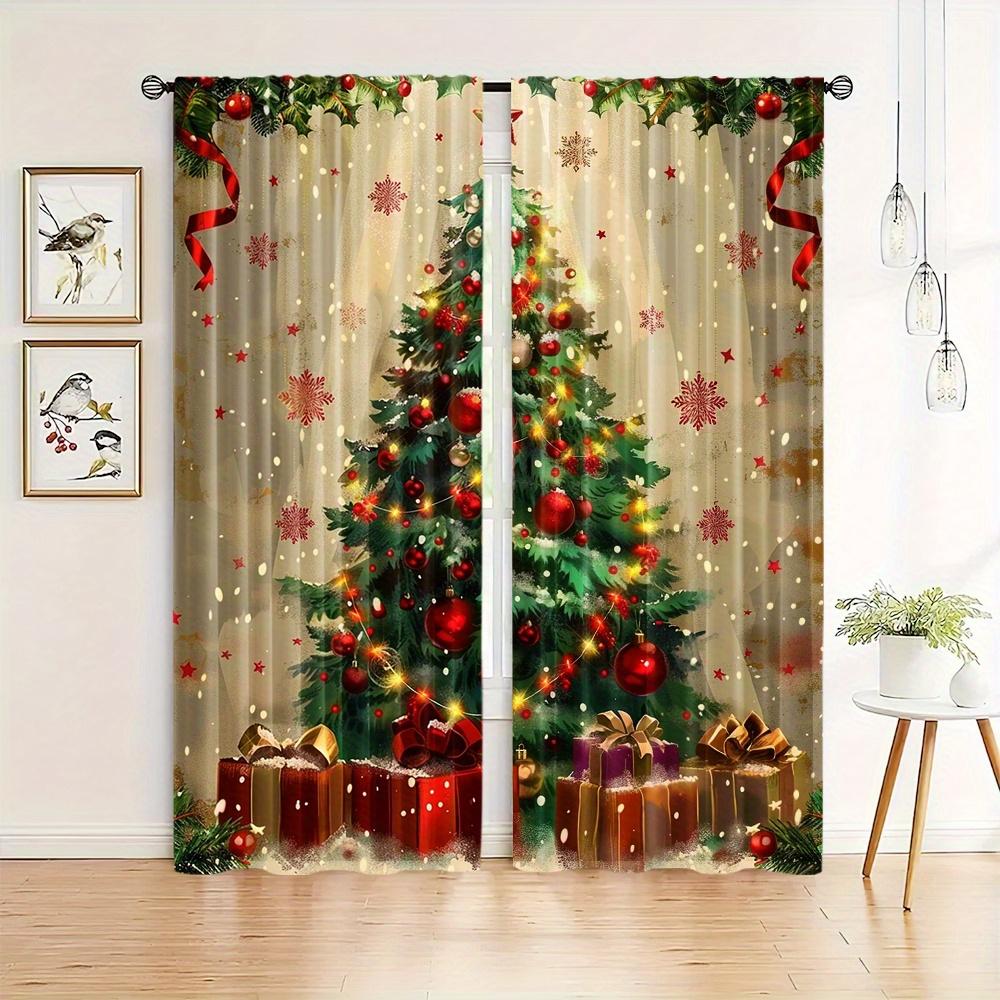 2pcs Luxurious Christmas Lights Print Curtains Set Semi-Sheer Polyester With Rod Pocket For Easy Hanging For Bedroom Living Room