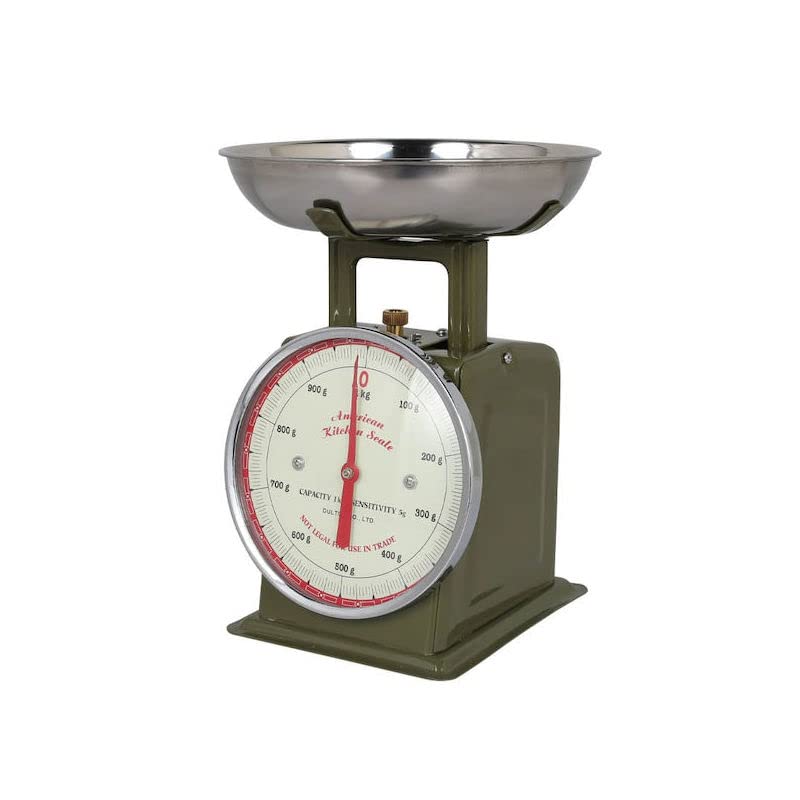 Dulton American Kitchen Scale 1kg Olive A little out of the ordinary Scale Kitchen Tool Height 225mm Width 132mm Tray Diameter 175mm 100-061OV