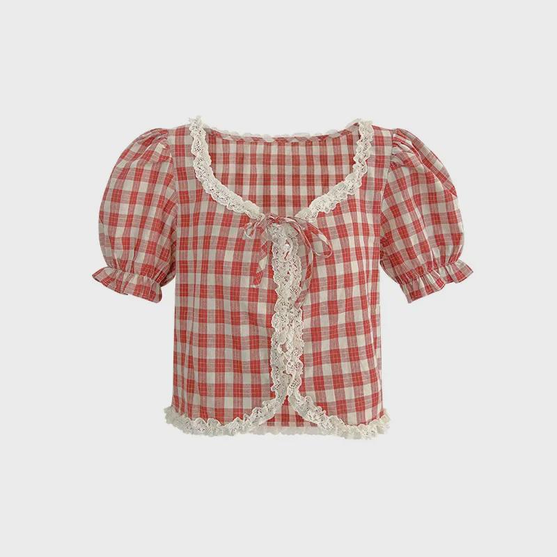 Женский топ 2023 года в французскую клетку со шнуровкой и оборками с квадратным вырезом