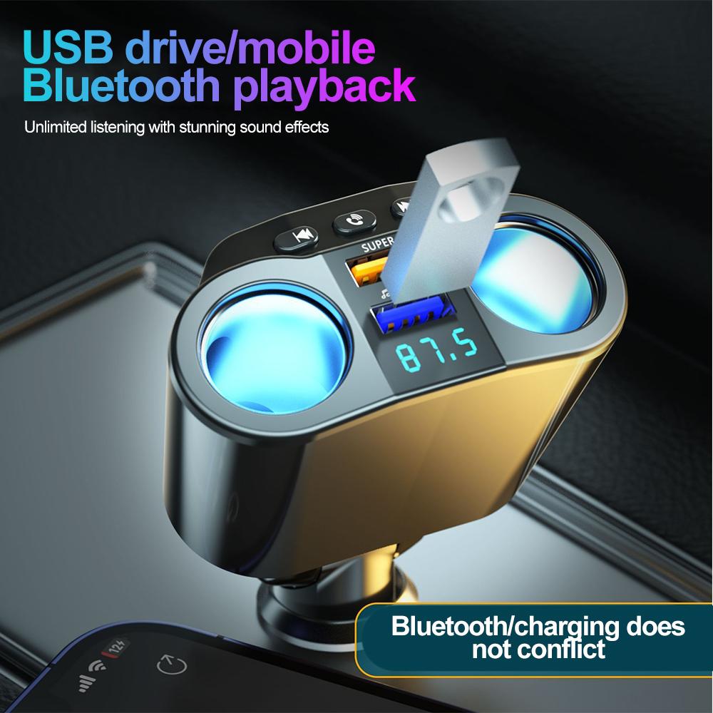 Car Cigarette Lighter Splitter Car Charger Dual USB Quick Charger Socket 12V/24V Bluetooth Hands-free Call Auto FM Transmitter