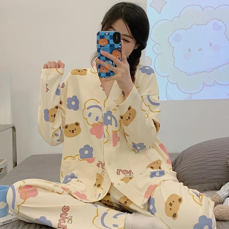 Новые пижамные комплекты для женщин весна-осень с принтом медведя, пижамы из искусственного хлопка, кардиган, одежда для сна с длинным рукавом, японская домашняя одежда