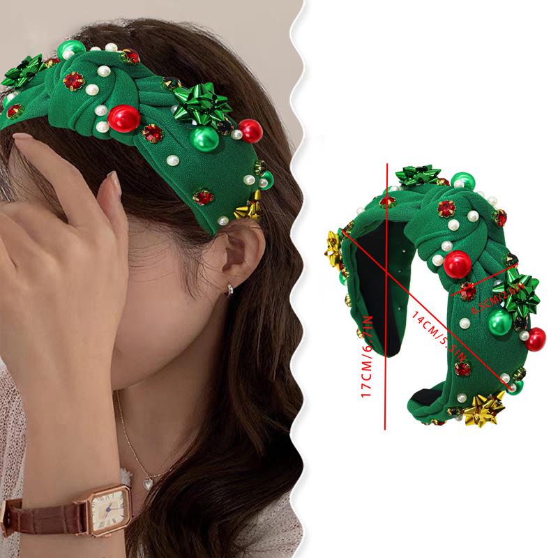Европейская и американская рождественская повязка на голову с жемчужными цветами - Красный и зеленый трендовый аксессуар для женщин