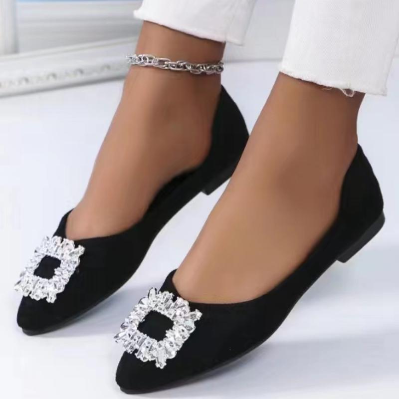 Fashion 2024 New Banquet Temperament Rhinestone French Flat Shoes Women's Summer Black Pointed Shallow Grandma Shoes Boat Shoes
