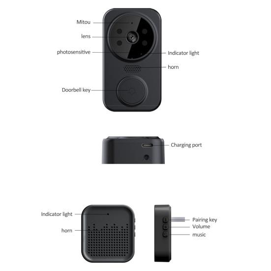 1 Set Wireless Door Bell with Receiver High Resolution Camera 2.4G WiFi Remote Video Visual Two-Way Audio Night Vision Cordless Security Doorbell