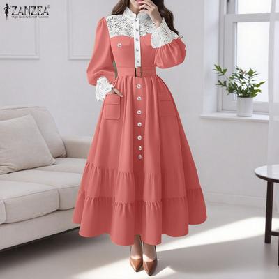 Женское повседневное платье с круглым вырезом и длинными рукавами, с кружевной отделкой