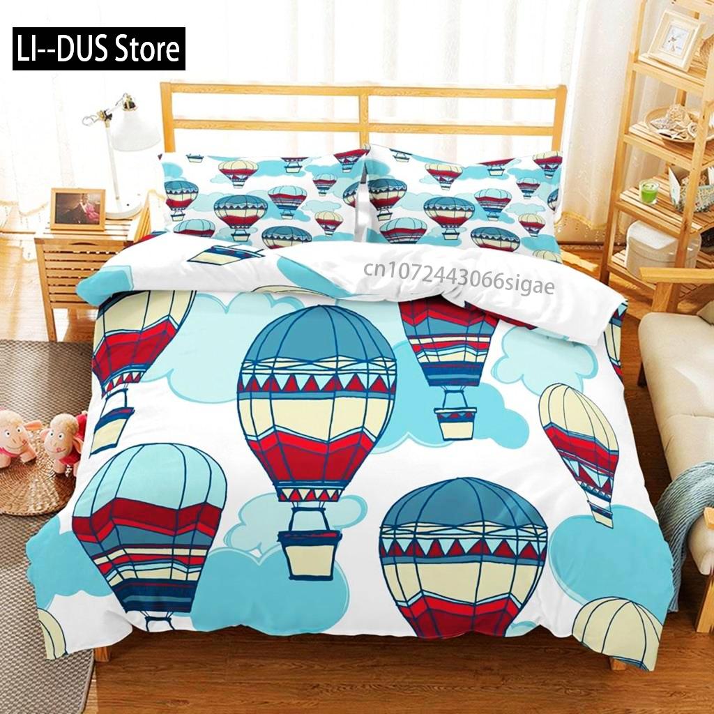 Комплект постельного белья Balloon Duvet Cover Set King Twin Size Polyester Hand Painted Style Floating Hot Air Balls With Clouds Moon Print Set
