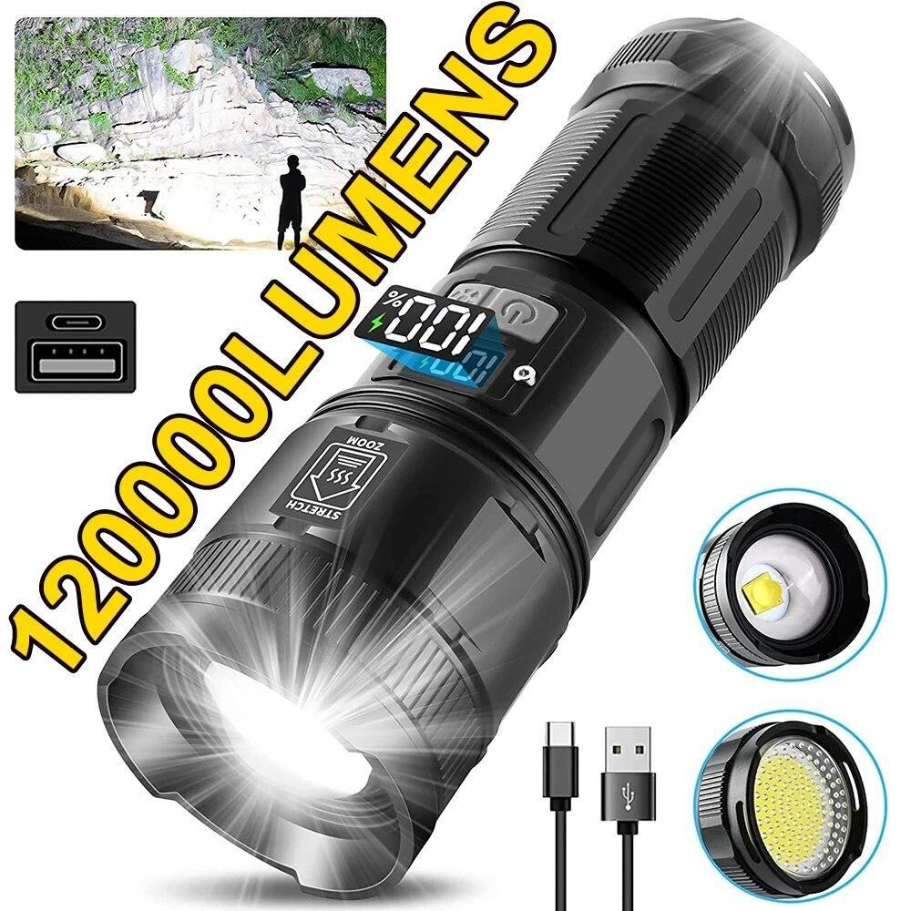 Super Bright LED Flashlight Rechargeable Type C 9000 mAh XPH90 COB Torch Light with Digital Display for Outdoor