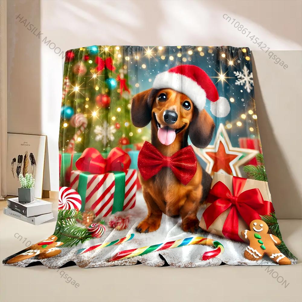 Multi-size Christmas-themed Dachshund Pattern Blanket Flannel Material Soft Warm for All Seasons Home Outdoor Camping Picnics RV