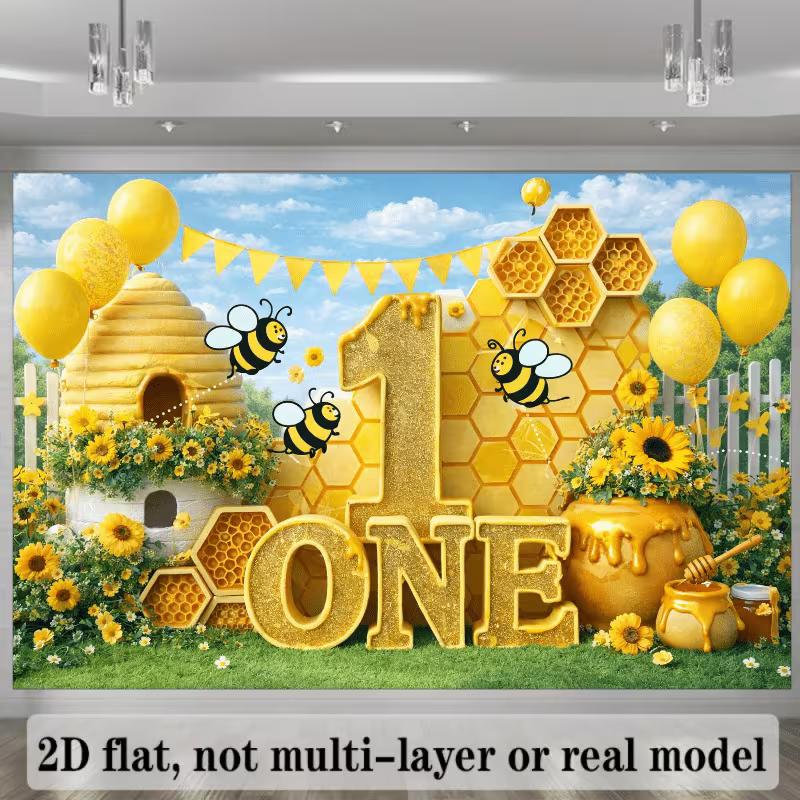 2D Bee and Honey Themed First Birthday Backdrop Photo Background Banner