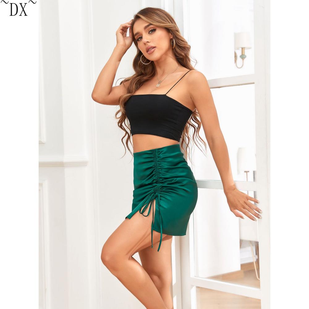 DX ~ ~ однотонная плиссированная юбка на бедрах с запахом, европейская и американская сексуальная атласная полуюбка с высокой талией на молнии, женское летнее платье