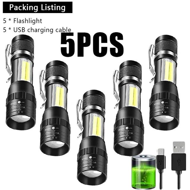 5PCS Powerful Mini LED Flashlight COB+XPE Zoom Torch Built In Battery USB Charging With Pen Clip Outdoor Defense Emergency Lamp