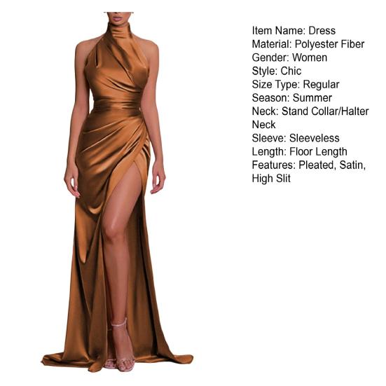 Женское бальное платье с воротником-стойкой, халтер-воротником, открытыми плечами, без рукавов, атласное вечернее платье, облегающее, плиссированное, однотонное, с высоким разрезом, длиной до пола, макси-платье