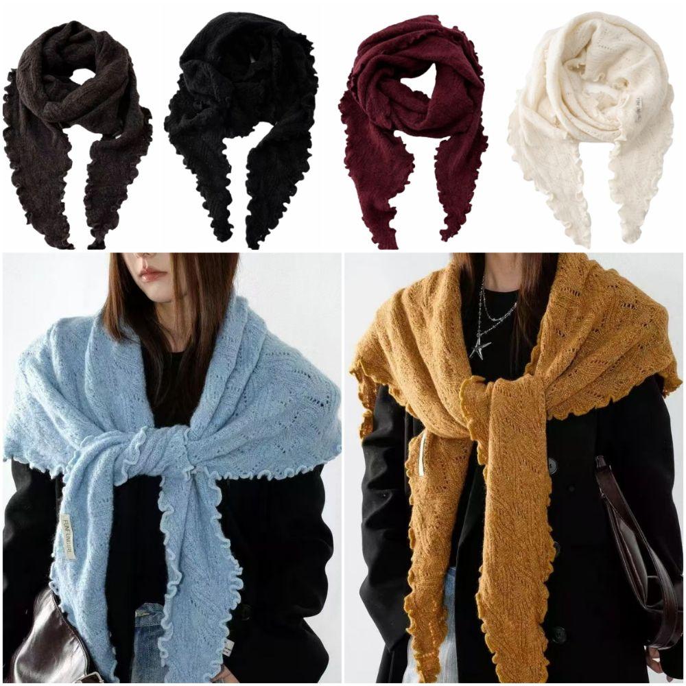 Ruffled Edge Knitting Scarf Soft Breathable Hollow Scarf Triangular Scarf Spring Autumn Winter