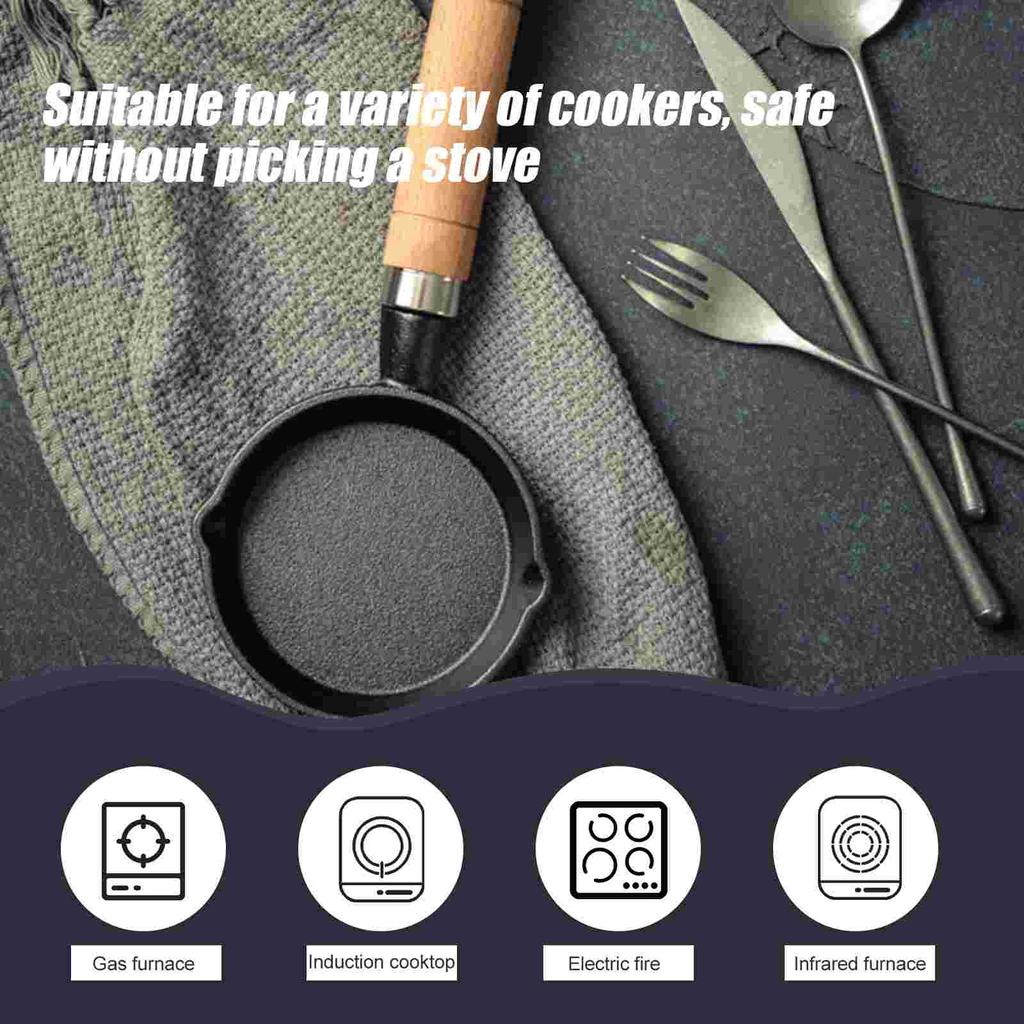 Горячая сковорода для жарки яиц, чугунная сковорода, мини-сковорода с деревянным подогревом, длинная ручка, походная посуда с антипригарным покрытием