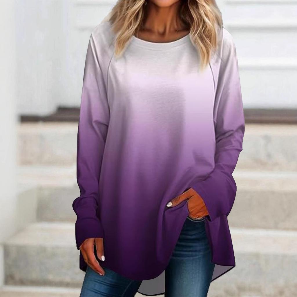 Женский весенне-осенний пуловер с длинным рукавом, круглым вырезом, свободного кроя, с плавно меняющимся цветом