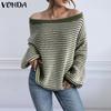 VONDA Женские осенние пуловеры и джемперы с открытыми плечами, длинными рукавами и полосатым узором