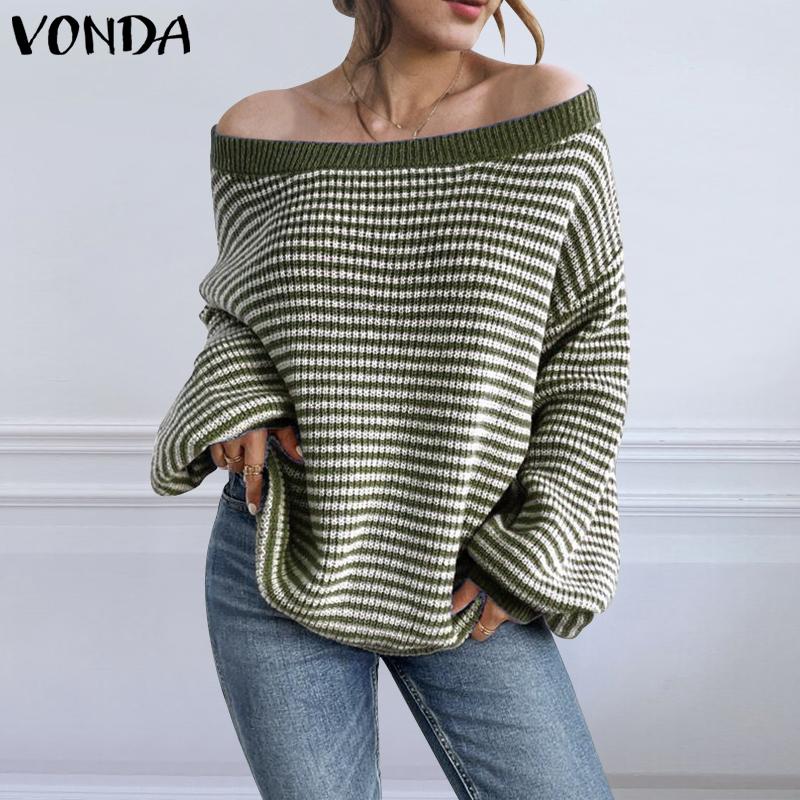 VONDA Женские осенние пуловеры и джемперы с открытыми плечами, длинными рукавами и полосатым узором