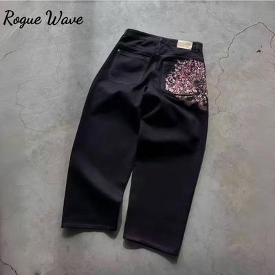 RogueWave Джинсы из селвидж денима с вышивкой 'Цветущая вишня' Y2k Ретро Повседневные Мешковатые Прямые Широкие Брюки Высокого Качества Хип-хоп Уличная одежда