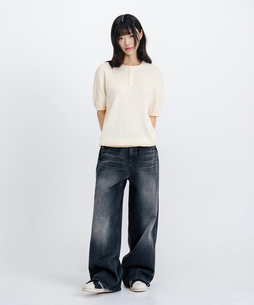 LEMAIN SECOND Classic Henley Neck Washable Short Sleeve Knit [Ivory]