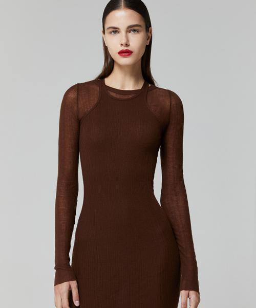 Lady Volume Cutting Halter Slim Knit Dress_Brown