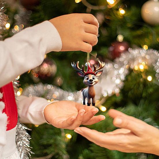 6 шт. Рождественское украшение в виде северного оленя, милый мультяшный лось, акриловое подвесное украшение в шляпе Санты, 2D плоская подвеска в виде животного для праздничных аксессуаров для вечеринки