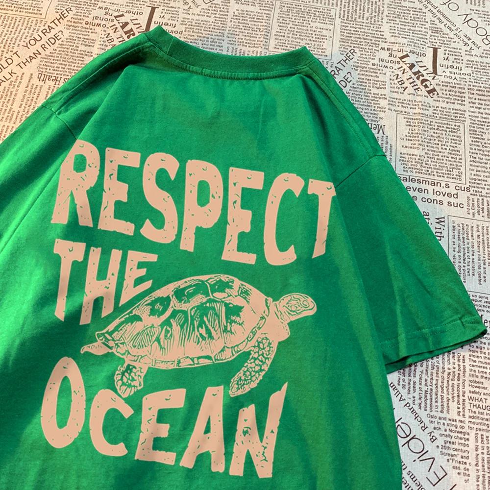 Футболка Respect The Ocean Green Turtle для мужчин, свободная одежда, дышащая футболка с коротким рукавом в стиле хип-хоп, летняя хлопковая футболка Harajuku