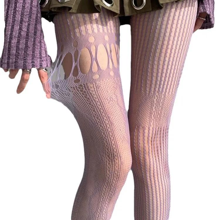 Женские сексуальные кружевные сетчатые чулки Лолита с вырезами, однотонные колготки, женские необычные колготки с открытой кожей, тонкие чулки для тела Y2k