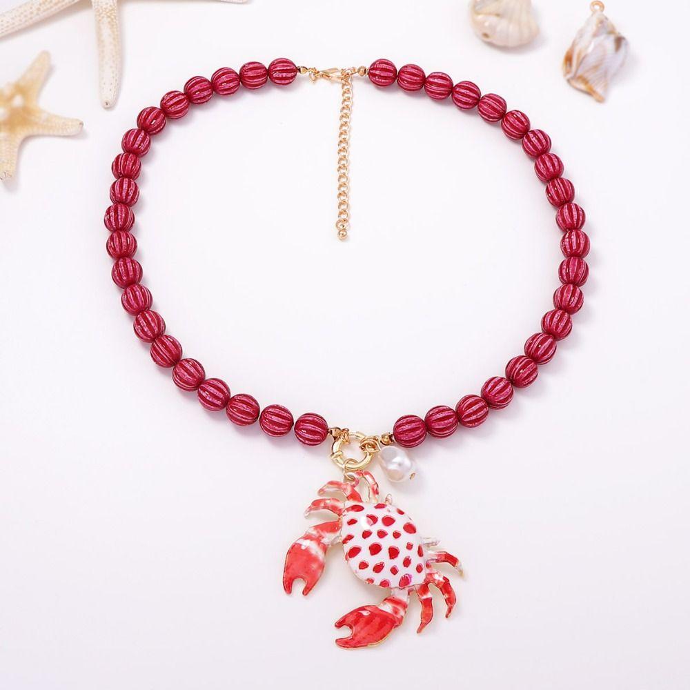Cute Enamel Crab Pendant Necklace Polka Dot Beads Necklace Simple Bohemian Collarbone Chain Women