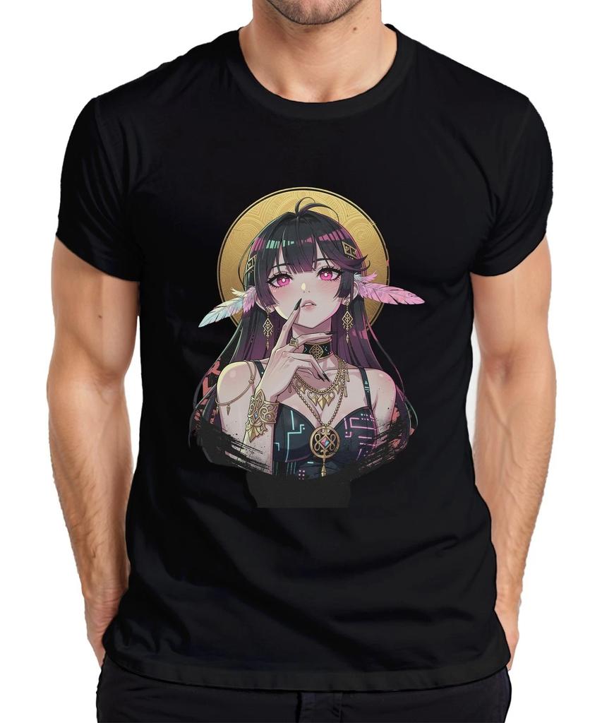 Anime Girls Pink Eyes Gold Jewelry Waifu Manga Kawaii Otaku Mens T-Shirt