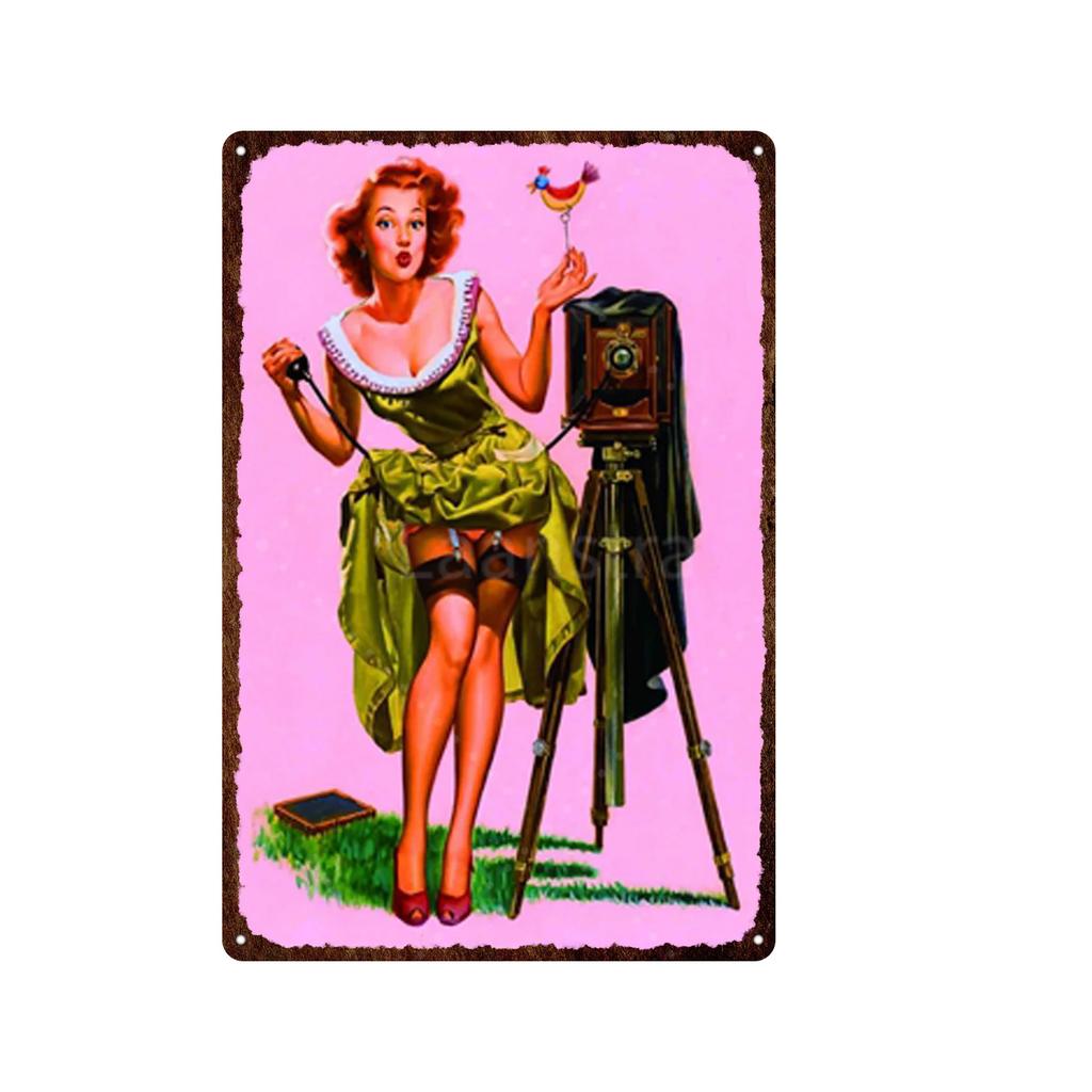 Жестяная картина Элегантная девушка пин-ап Ретро постеры Жестяная табличка Металлическая табличка Декор Стена Женский портрет Бар Паб Клуб Мужская пещера Картинки