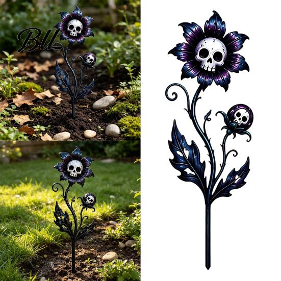 Weather Resistant Yard Signs Halloween Garden Stake, Waterproof Spooky Skull Flower Lawn Art, 2D Creepy Decorative Outdoor Decorations Metal