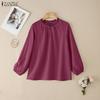 Women Round Neck Long Sleeve Casual Cotton Blouse