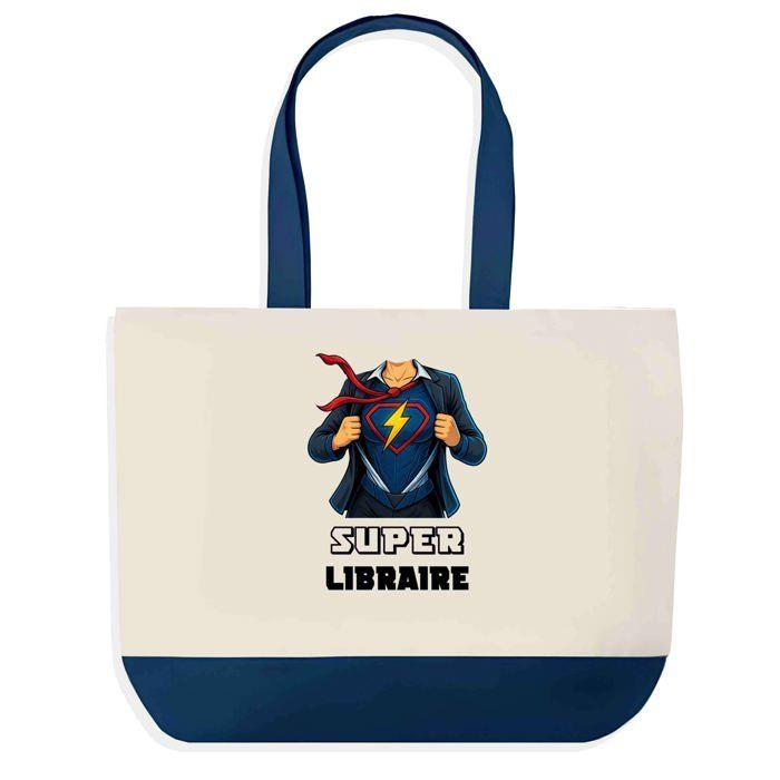 Tote bag - PLANETEE - Super Libraire - fond bleu - Coton 40x45 cm - Grand cabas