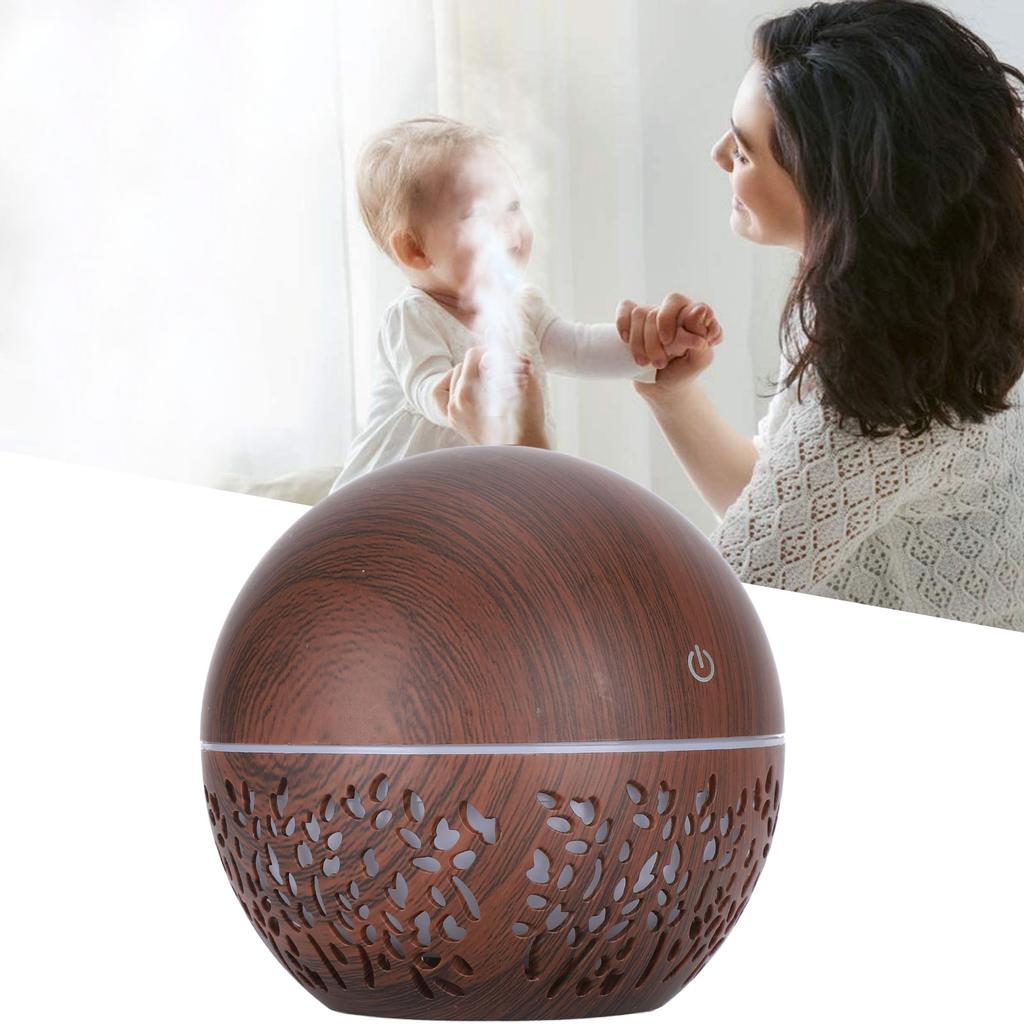 130ml Humidifier Aroma Air Diffuser Hollow Out USB 7 Color Light Low Noise Humidifier (Dark Wooden Grain)