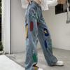Модные красочные рваные джинсы с рисунком каракули, женские узкие прямые брюки с высокой талией, широкие брюки, женские винтажные синие повседневные джинсовые брюки, женские 24247