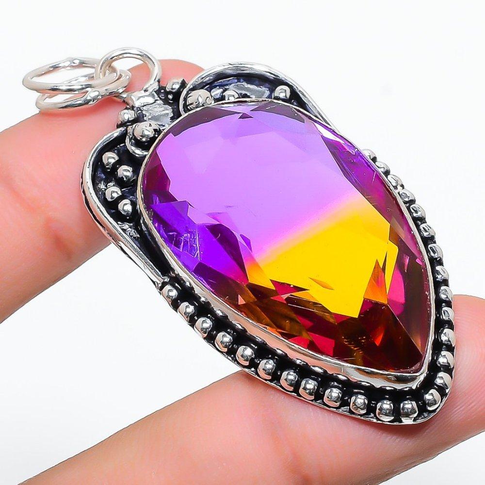 Двухцветный турмалин драгоценный камень ручной работы 925 стерлинговое серебро кулон 2.56" r9c25