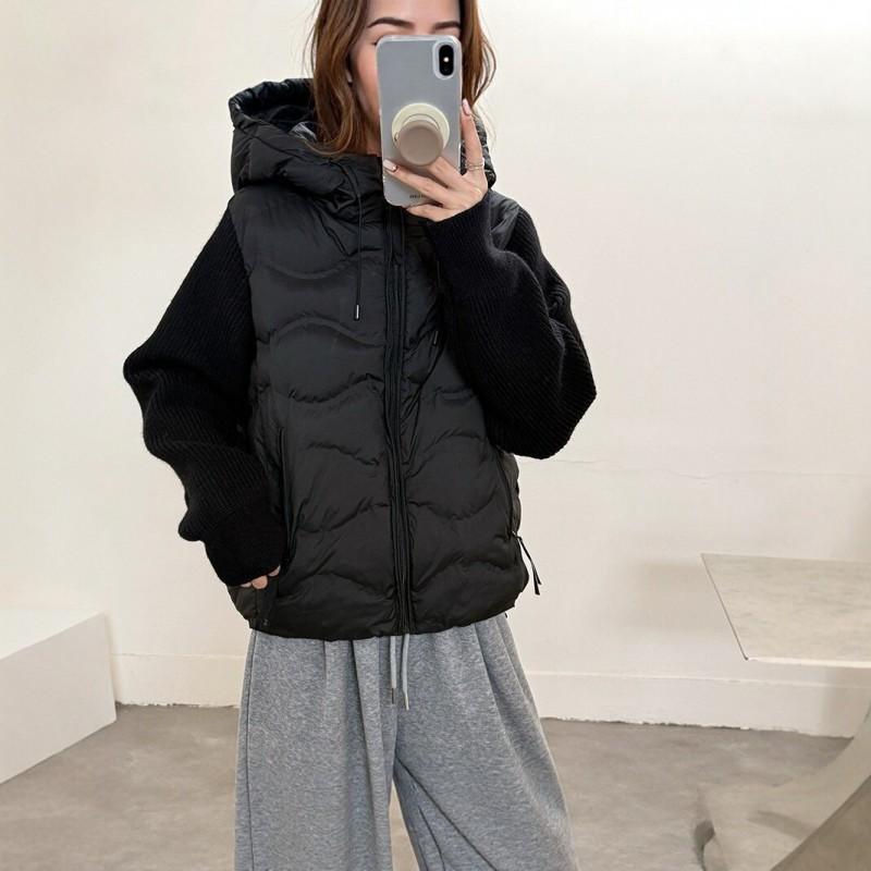 Womens Short Hooded Cotton Puffer Jacket Knit Splice Loose Winter Warm Coat Trendy