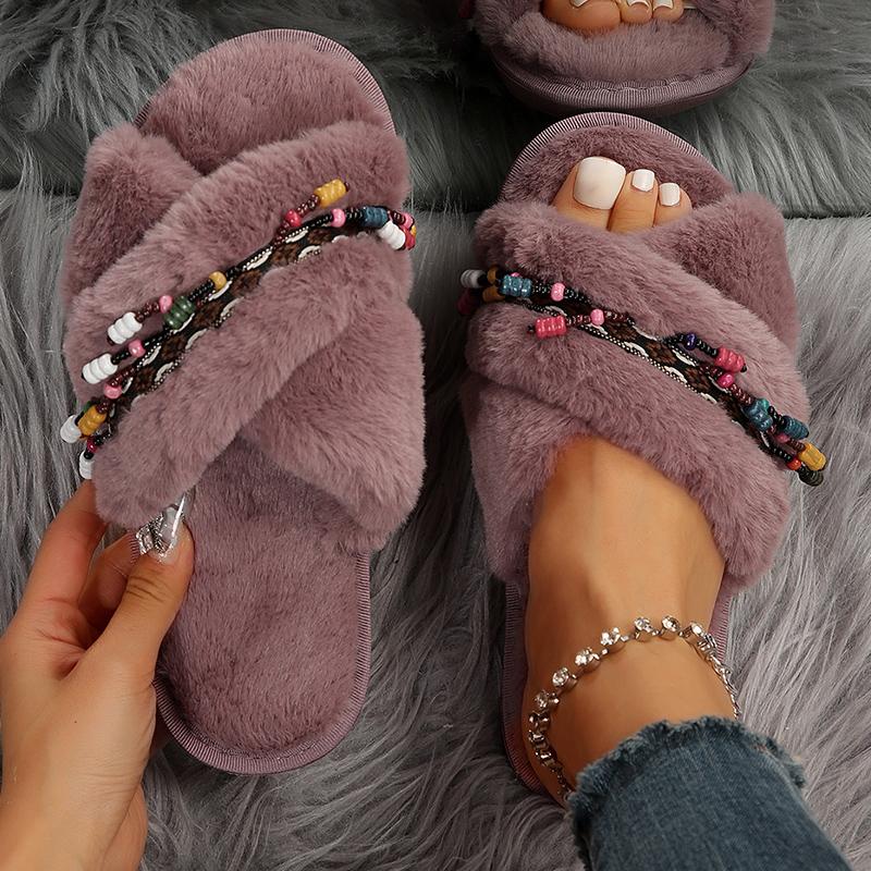 Fashion Fashion Tassel Decor Fur Slippers for Women Open Toe Cross Strap Plush Home Slippers Woman Autumn Winter Cozy Warm Fluffy Slides