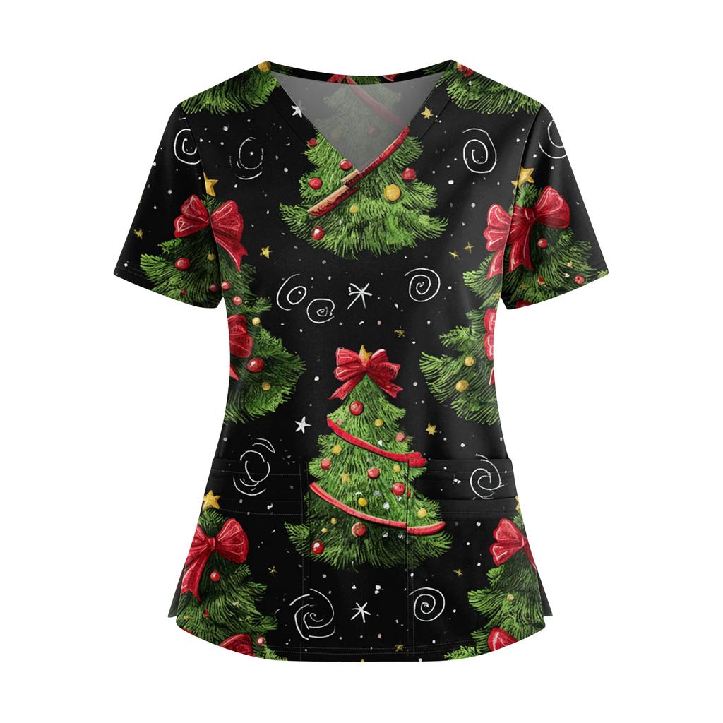 Women's Christmas Printed V-Neck Double Pocket Short Sleeves Hem Slit  Uniform Caregiver Top