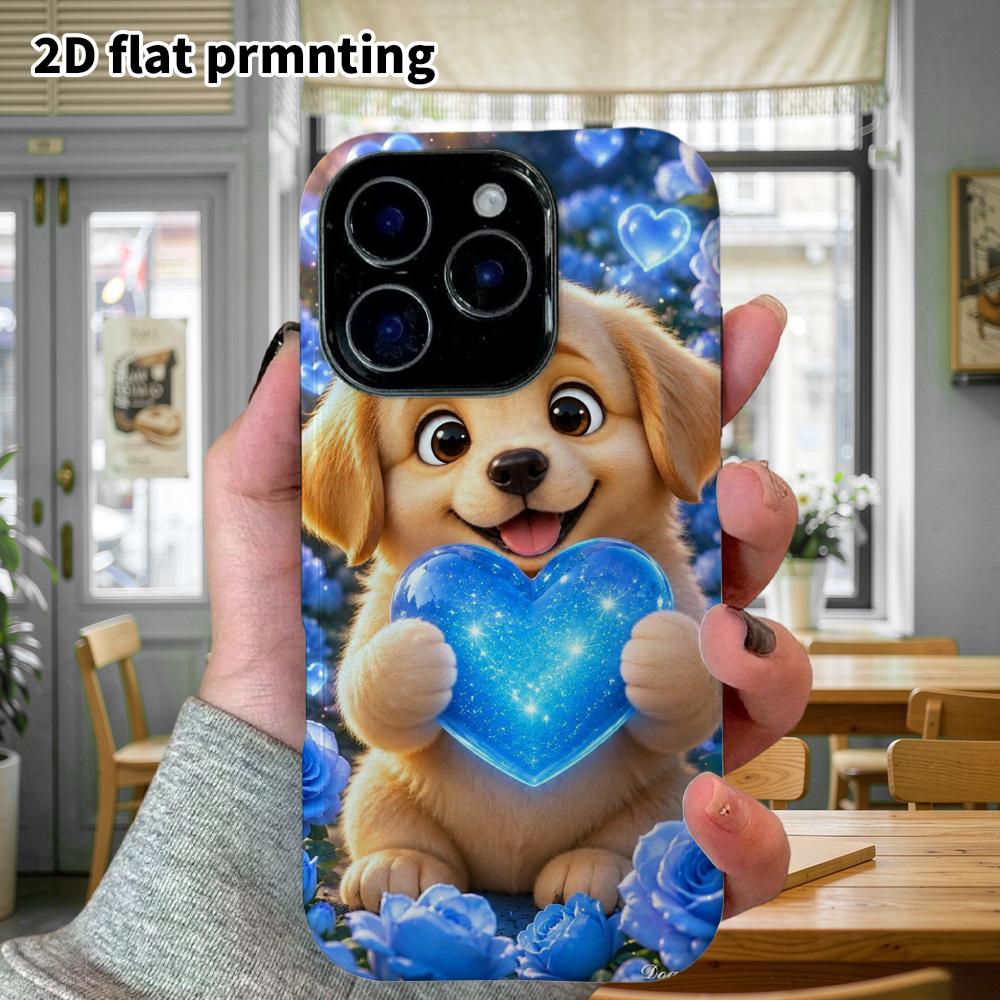 Phone Case: 2D flat design suitable for iPhone 18, 17, 16, 15, 14, 13 Pro film protective case, couple style, golden retriever puppy, Christmas and Ha