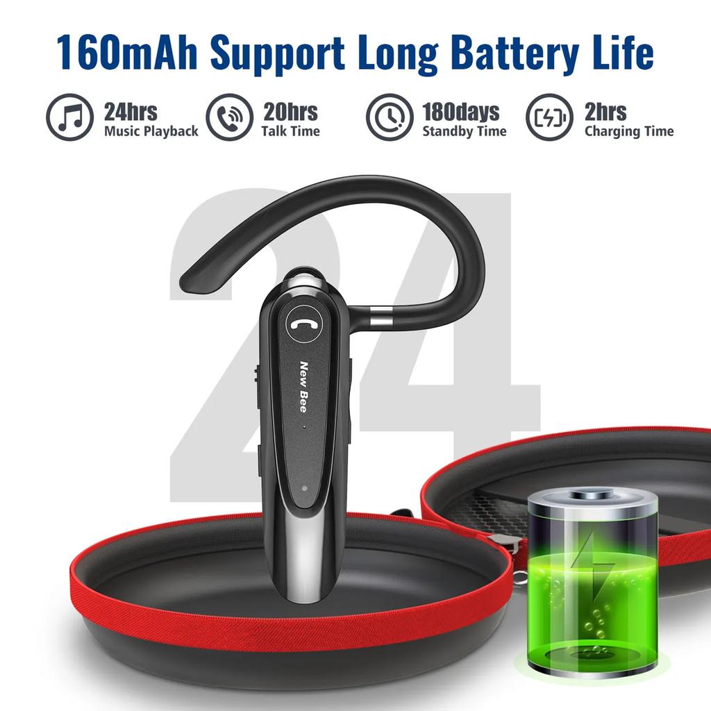 New Bee Business Headphones Single In-Ear Wireless BT5.0 Earphone Hands-Free with Dual Mic CVC8.0