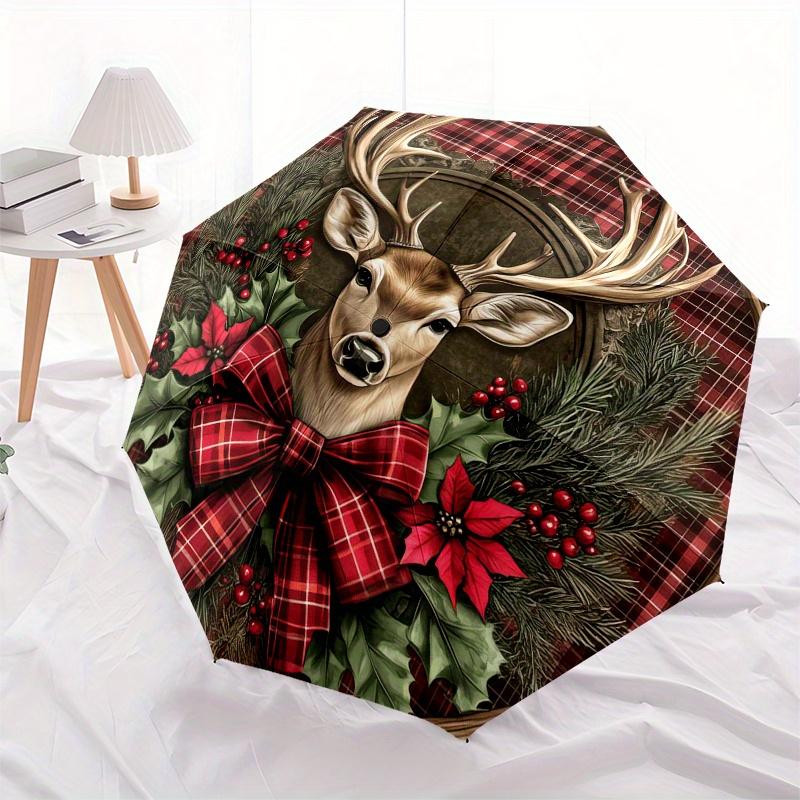 Christmas Deer Wreath with Plaid Bow Coaster Set of 4 Umbrella, Cute Umbrella with Cute Design, Portable 3-Fold Compact Umbrella for Men & Women, Vale
